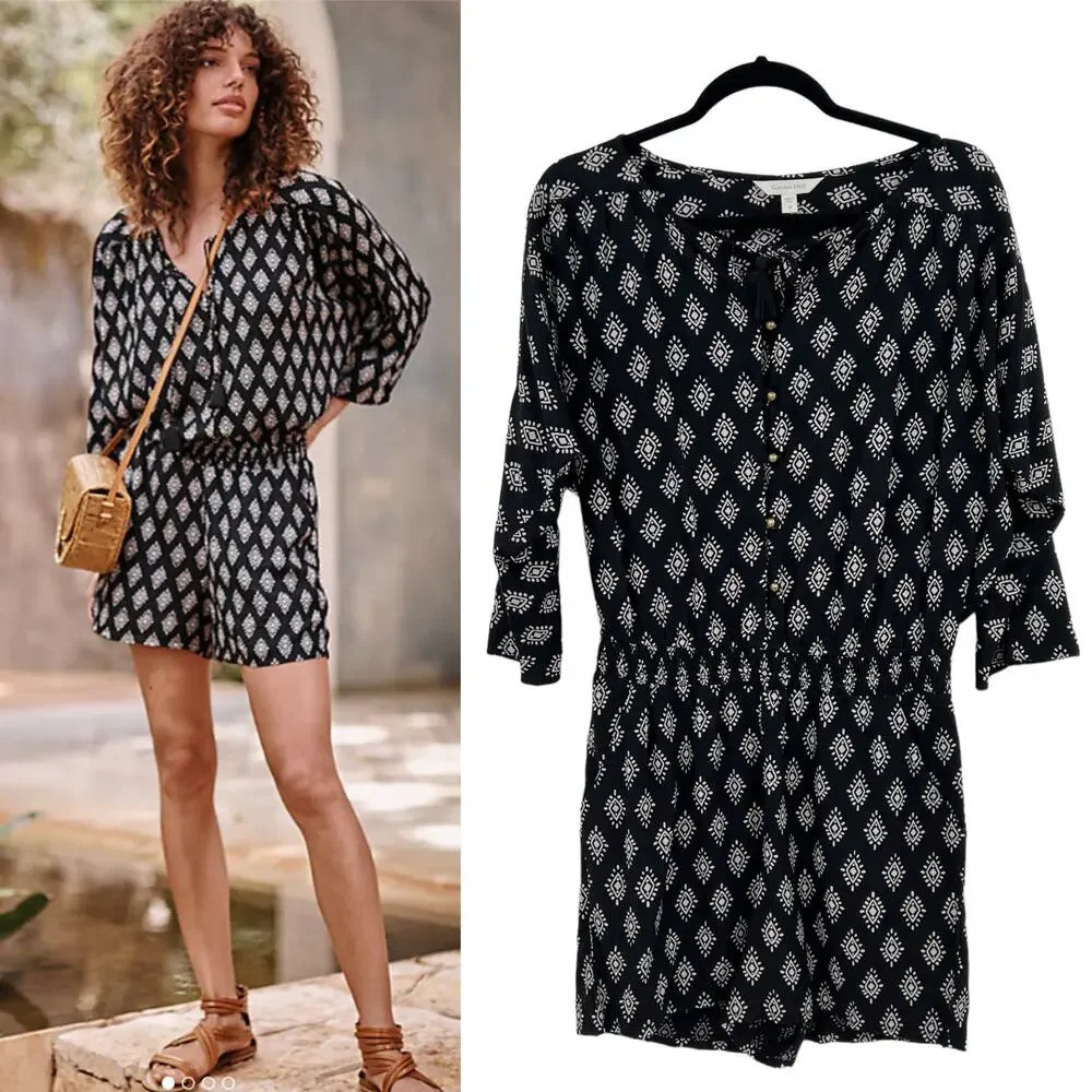 Garnet Hill Remi Draped‎ Romper Black Diamond Print Bohemian Size XS